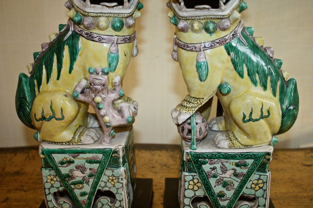 PAIR of Chinese Famille Verte Buddhist Lion Lamps 1