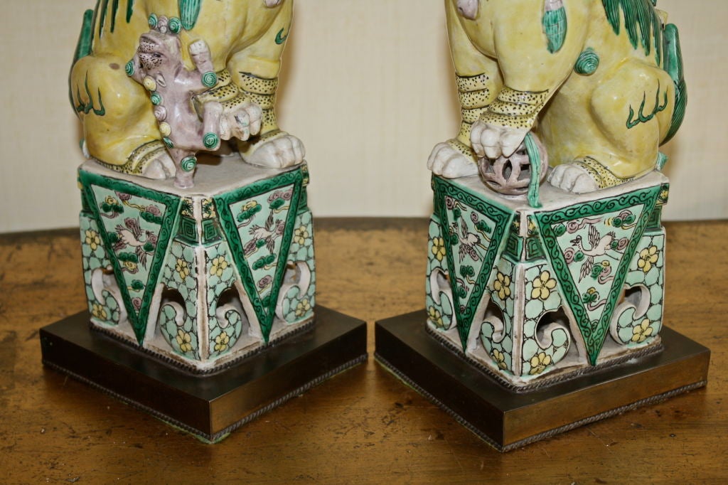 PAIR of Chinese Famille Verte Buddhist Lion Lamps 2