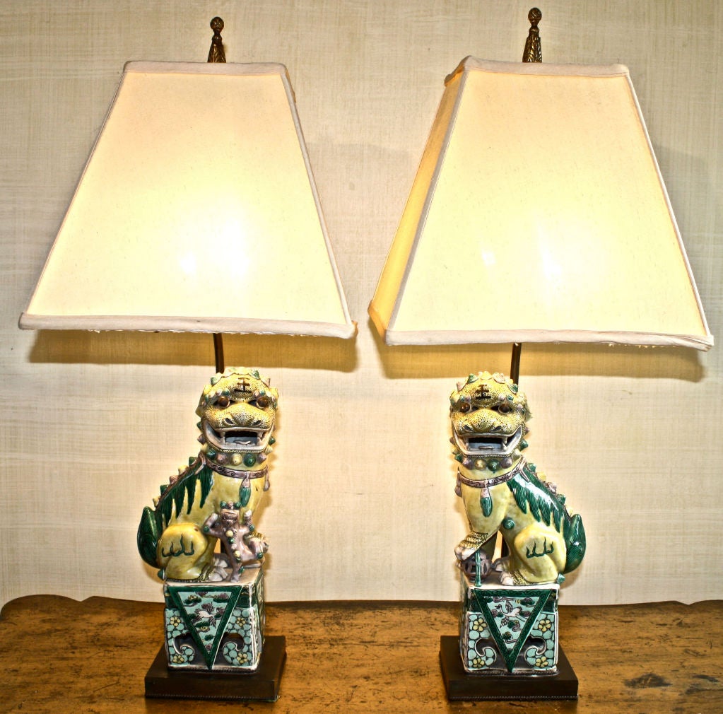 PAIR of Chinese Famille Verte Buddhist Lion Lamps 6