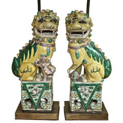 PAIR of Chinese Famille Verte Buddhist Lion Lamps