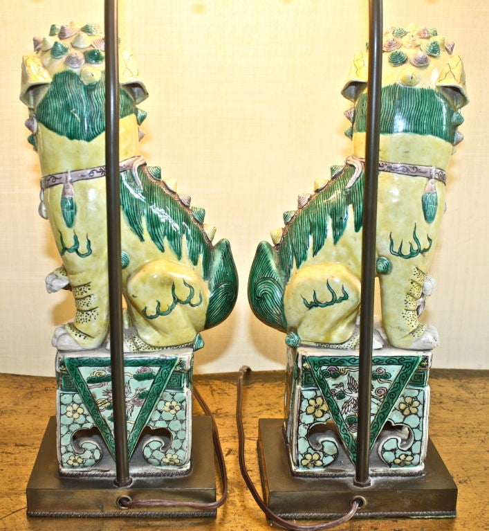 PAIR of Chinese Famille Verte Buddhist Lion Lamps 5