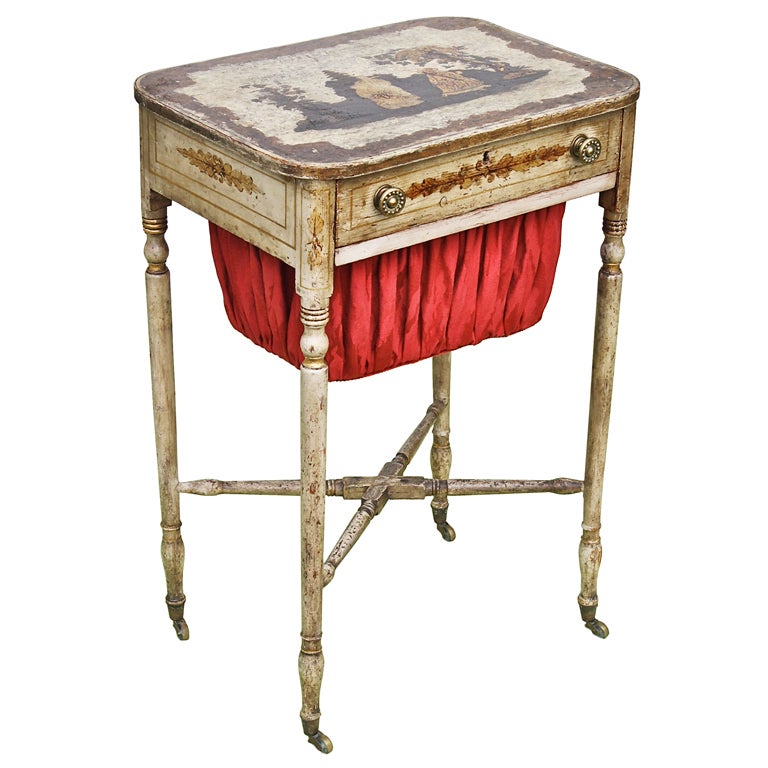 American Federal Japanned & Stenciled Needlework Table For Sale
