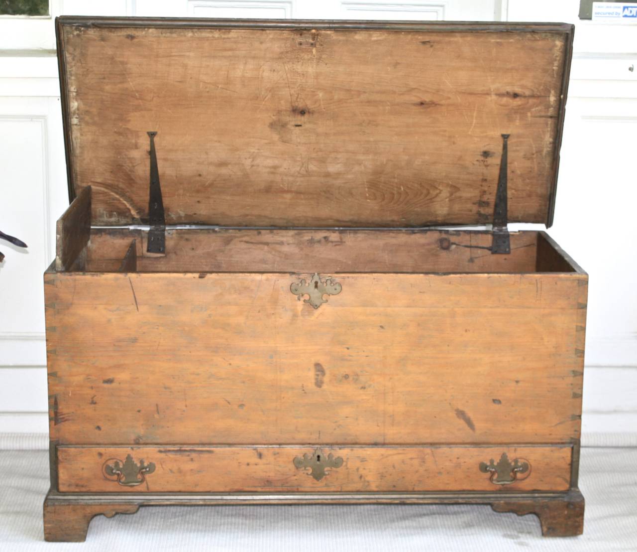 Hand-Carved American Dovetailed Pine Blanket Chest with Drawer For Sale