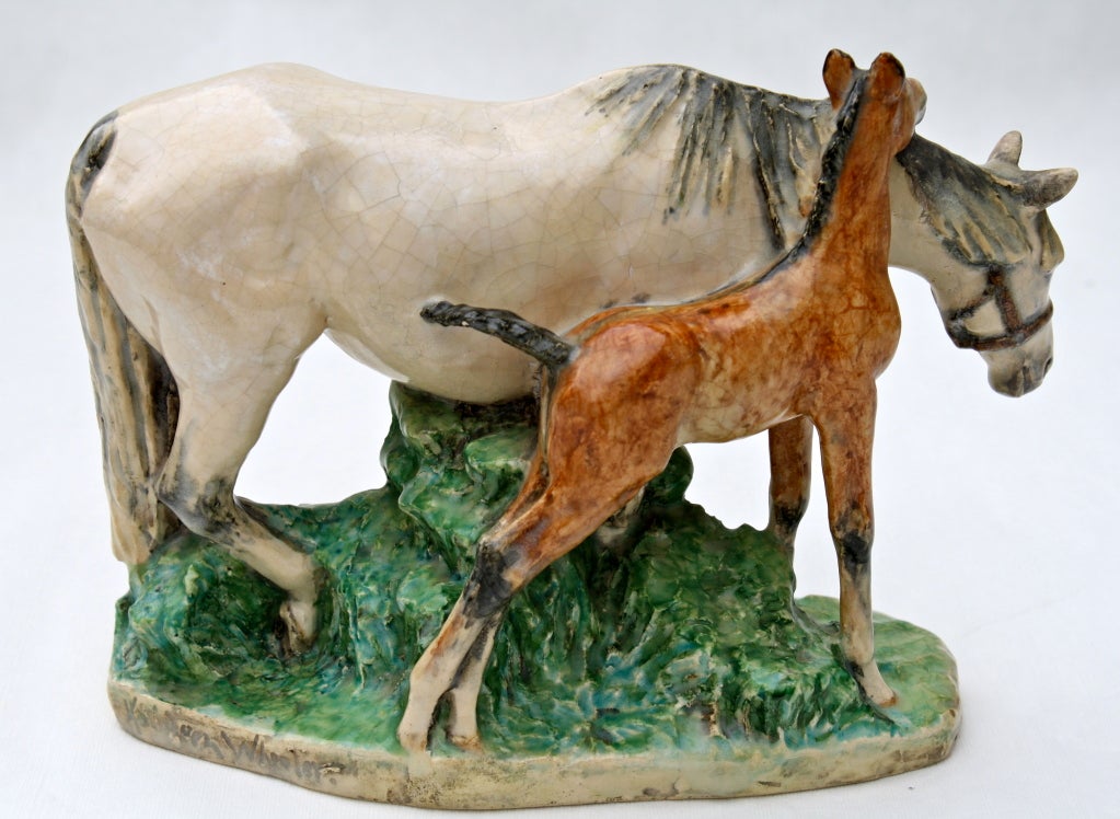 An equine composition of a mare and foal signed by the notable American artist.
A sculptor, Kathleen Wheeler Crump (1884-1977) was well known for life-size portraits of horse-race winners and also for portrait busts of prominent persons such as