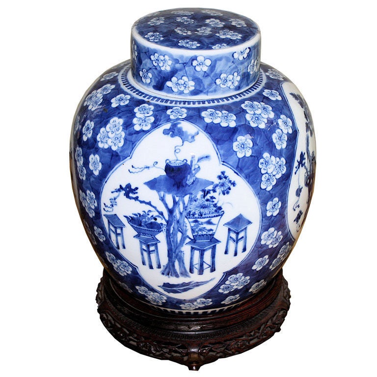 Chinese Export Blue & White Flat Cap Ginger Jar For Sale