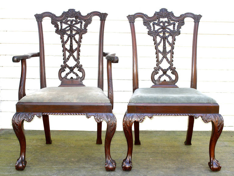 19th Century TEN Irish Chippendale Manner Mahogany Dining Chairs