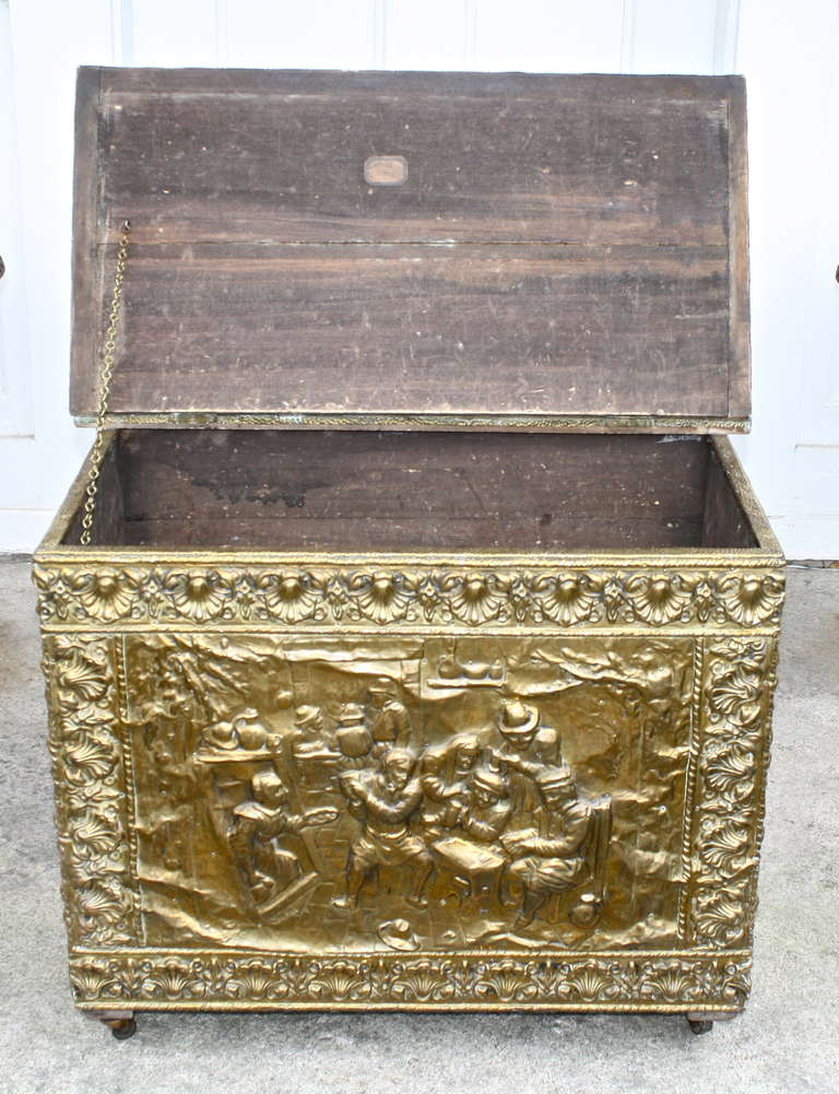 19th Century Embossed Brass Kindling Box