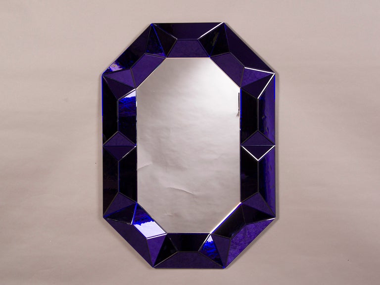 Mid-Century Modern Raised Geometric Lucite Octagonal Mirror of Cobalt Blue, Italy c.1970