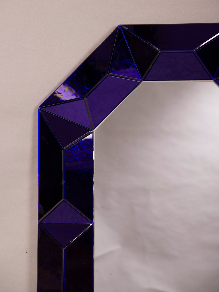 Italian Raised Geometric Lucite Octagonal Mirror of Cobalt Blue, Italy c.1970