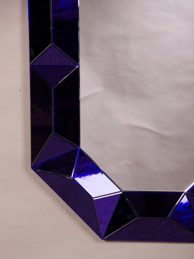 Late 20th Century Raised Geometric Lucite Octagonal Mirror of Cobalt Blue, Italy c.1970