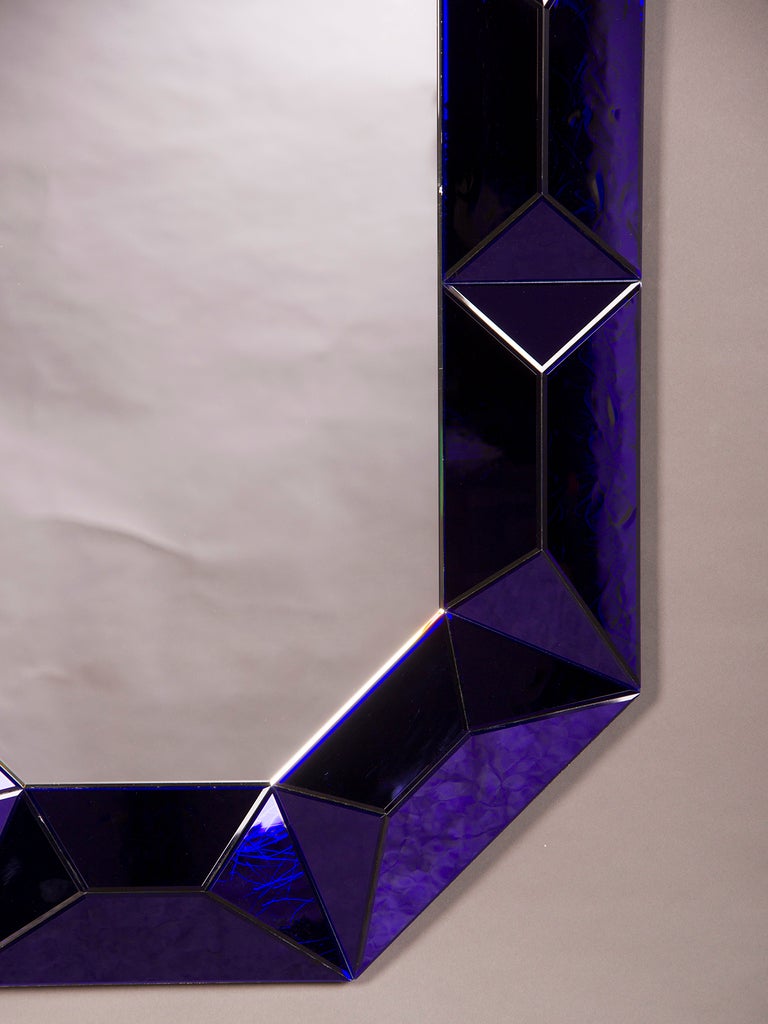 Raised Geometric Lucite Octagonal Mirror of Cobalt Blue, Italy c.1970 1