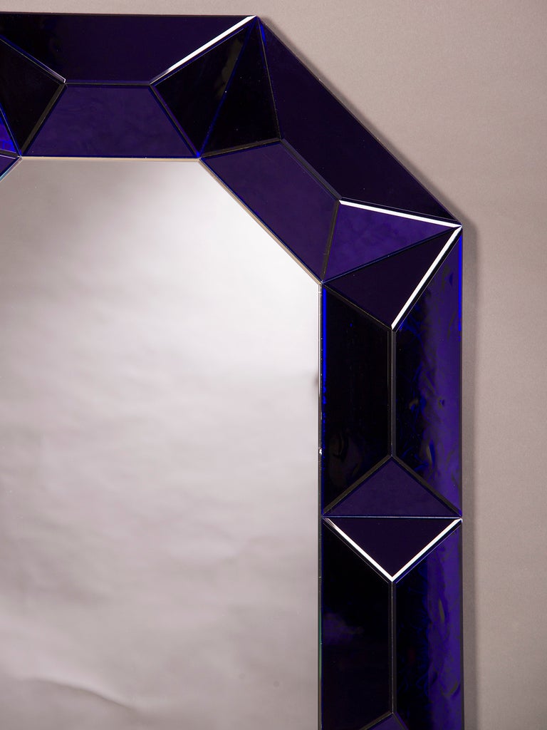Raised Geometric Lucite Octagonal Mirror of Cobalt Blue, Italy c.1970 In Excellent Condition In Houston, TX