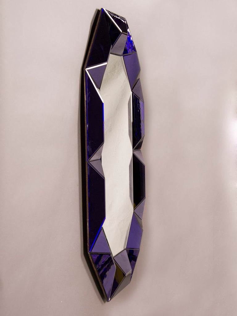 Raised Geometric Lucite Octagonal Mirror of Cobalt Blue, Italy c.1970 2