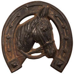  Large Antique French Cast Iron Stallion Enclosed in a Horseshoe, circa 1875