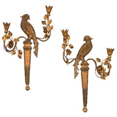 Antique Pair of French Bagues Style Carved and Gilded Wood Parrot Sconces circa 1920