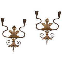Art Moderne Pair Hand Forged Iron Two Arm Sconces, France Circa 1940