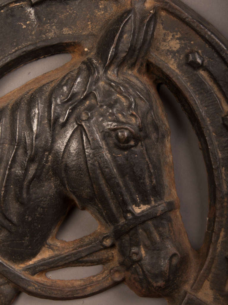 19th Century  Large Antique French Cast Iron Stallion Enclosed in a Horseshoe, circa 1875