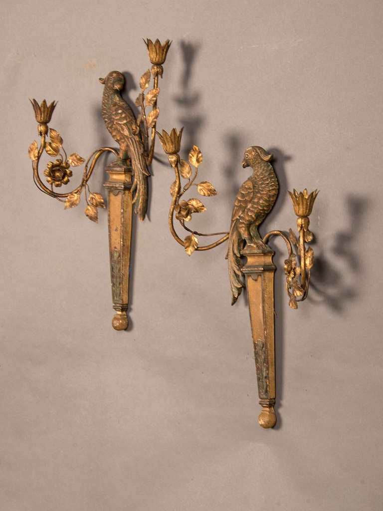 Art Nouveau Pair of French Bagues Style Carved and Gilded Wood Parrot Sconces circa 1920