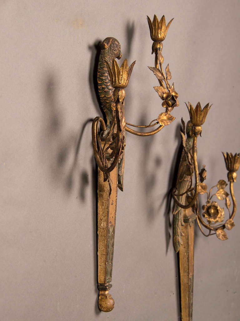 Pair of French Bagues Style Carved and Gilded Wood Parrot Sconces circa 1920 2