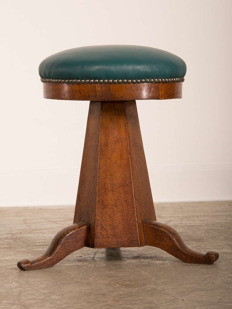 Antique French Louis Philippe Period Walnut and Teal Leather Piano Seat, 1840