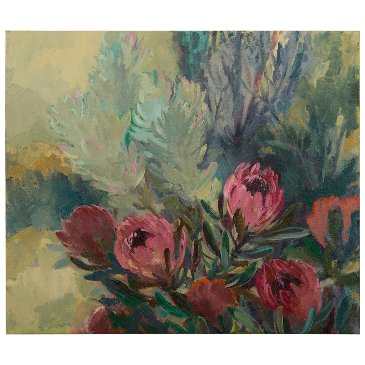 "Dusky Proteas, " Original Oil on Canvas, Jenny Parsons, South Africa  2012 For Sale