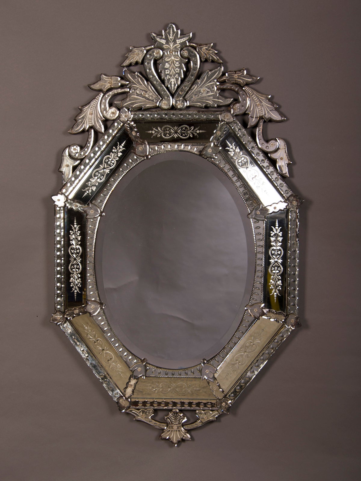 A superb octagonal Venetian etched glass mirror from Murano, Italy c. 1890