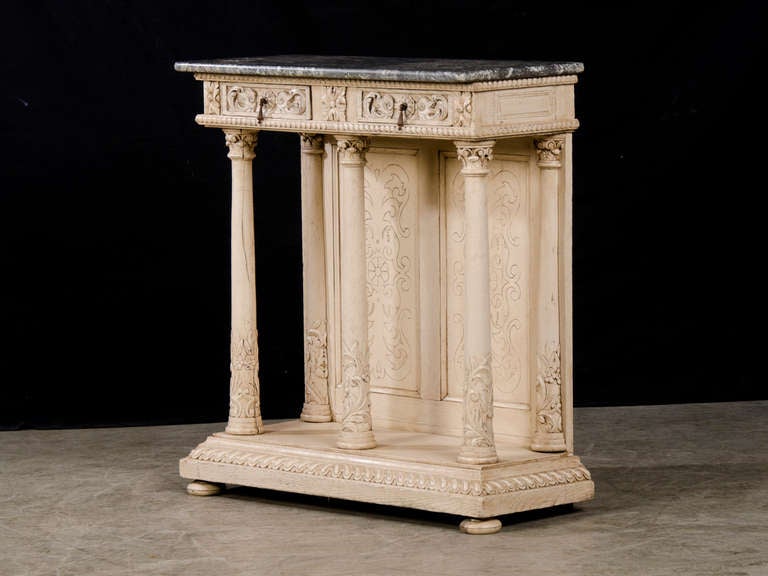 Renaissance Antique French Pale Oak Console Table with Grey Marble Top circa 1880