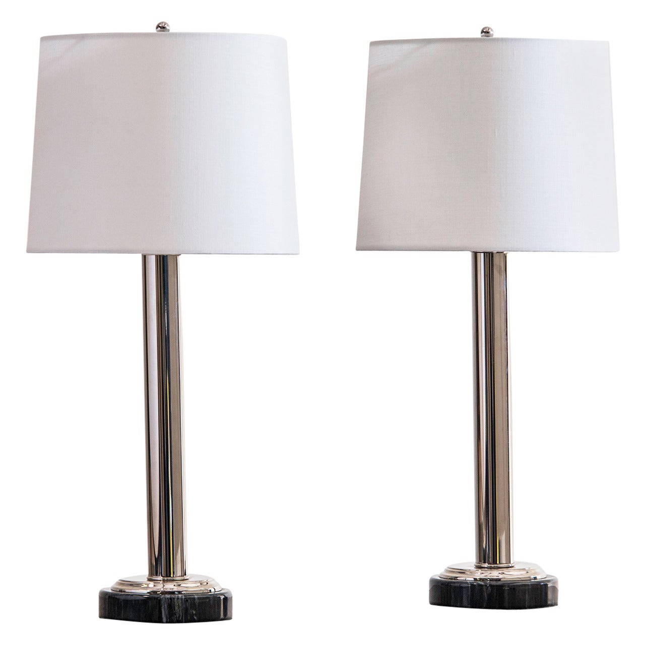 Vintage Pair of Chrome Cylinder Lamps Each on Marble Base, France circa1975