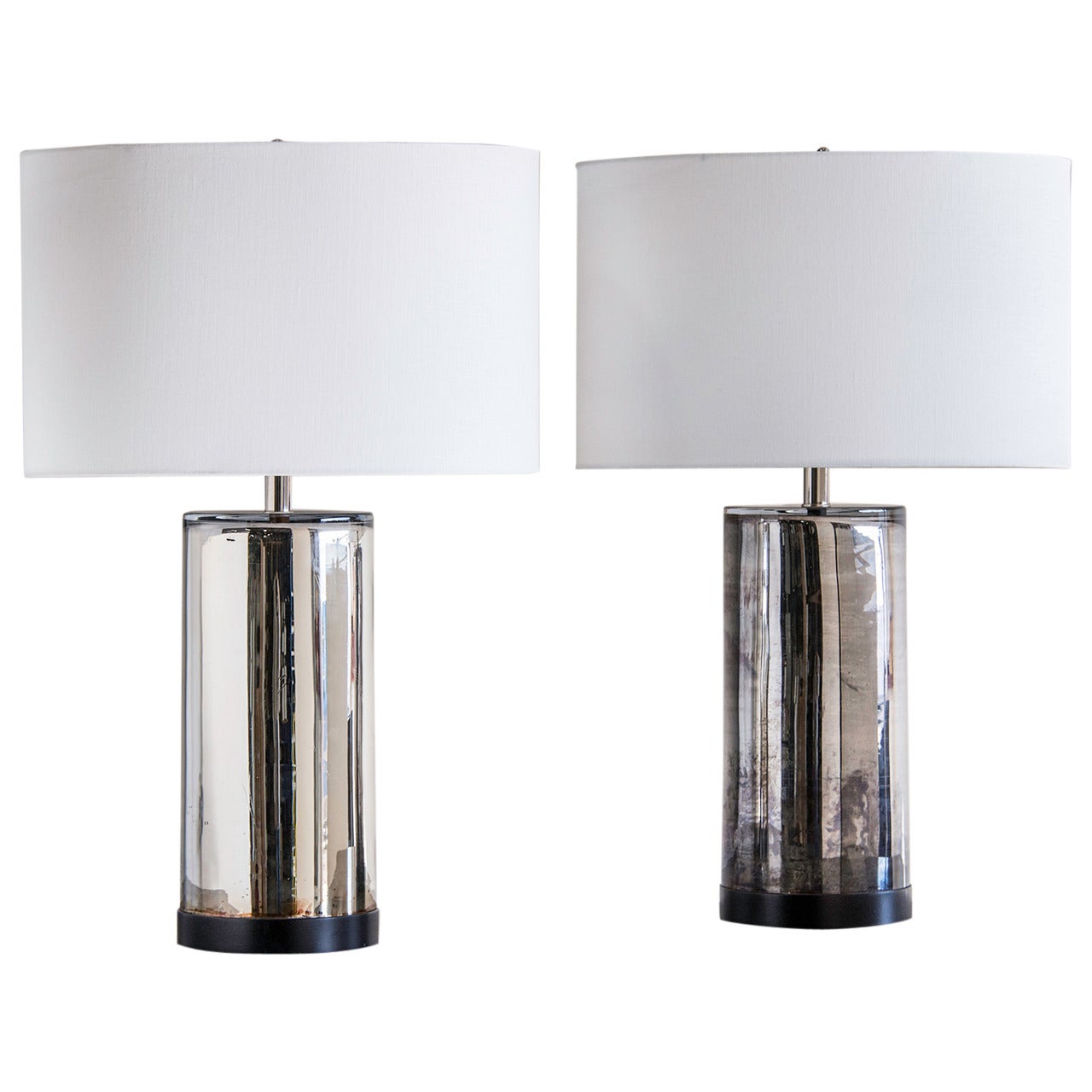 Vintage Pair of Mercury Glass Cylinder Lamps, France circa 1970