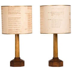 Antique Pair of Original Manuscript Shades, Wood Columns, Italy c.1900 Mounted as Lamps