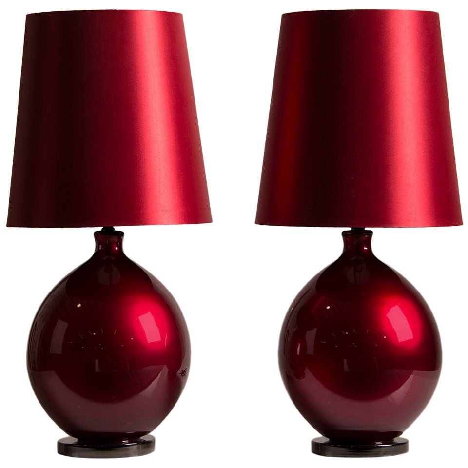 Pair Burmese Ruby Glass Vessels, Italy c.1940, Mounted as Lamps