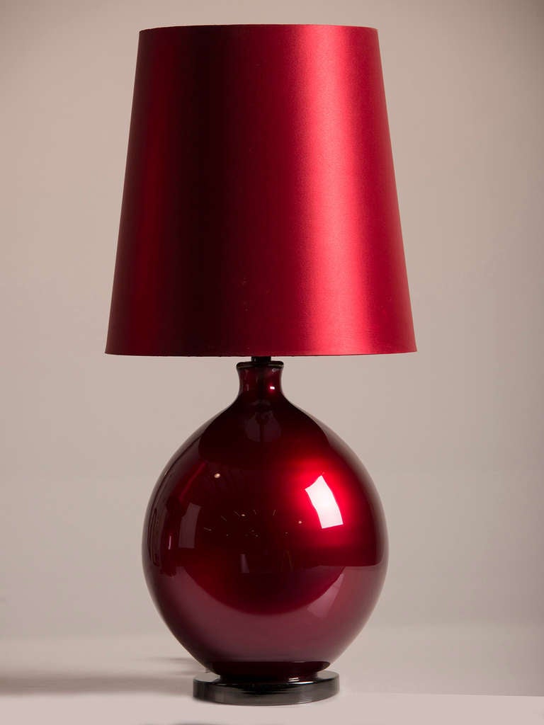 Art Deco Pair Burmese Ruby Glass Vessels, Italy c.1940, Mounted as Lamps