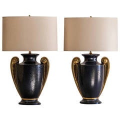 Pair of Art Deco Black and Gold Lamps, Italy circa 1930 7