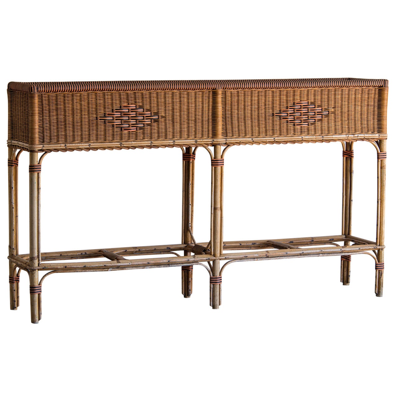 Vintage Bamboo and Woven Rattan Grand Scale Jardiniere, France circa 1940