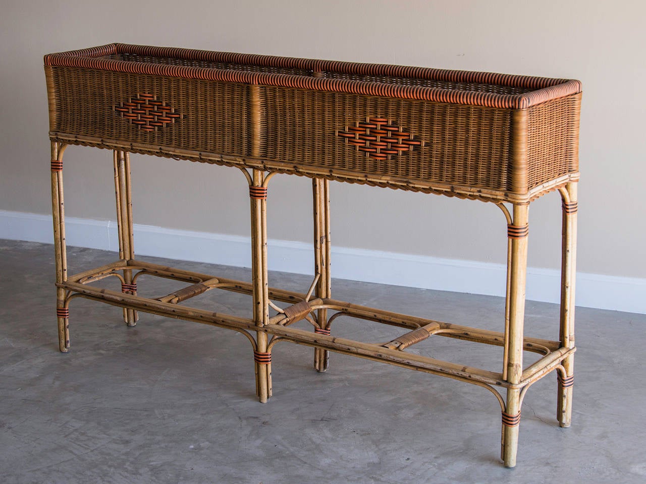 Mid-20th Century Vintage Bamboo and Woven Rattan Grand Scale Jardiniere, France circa 1940