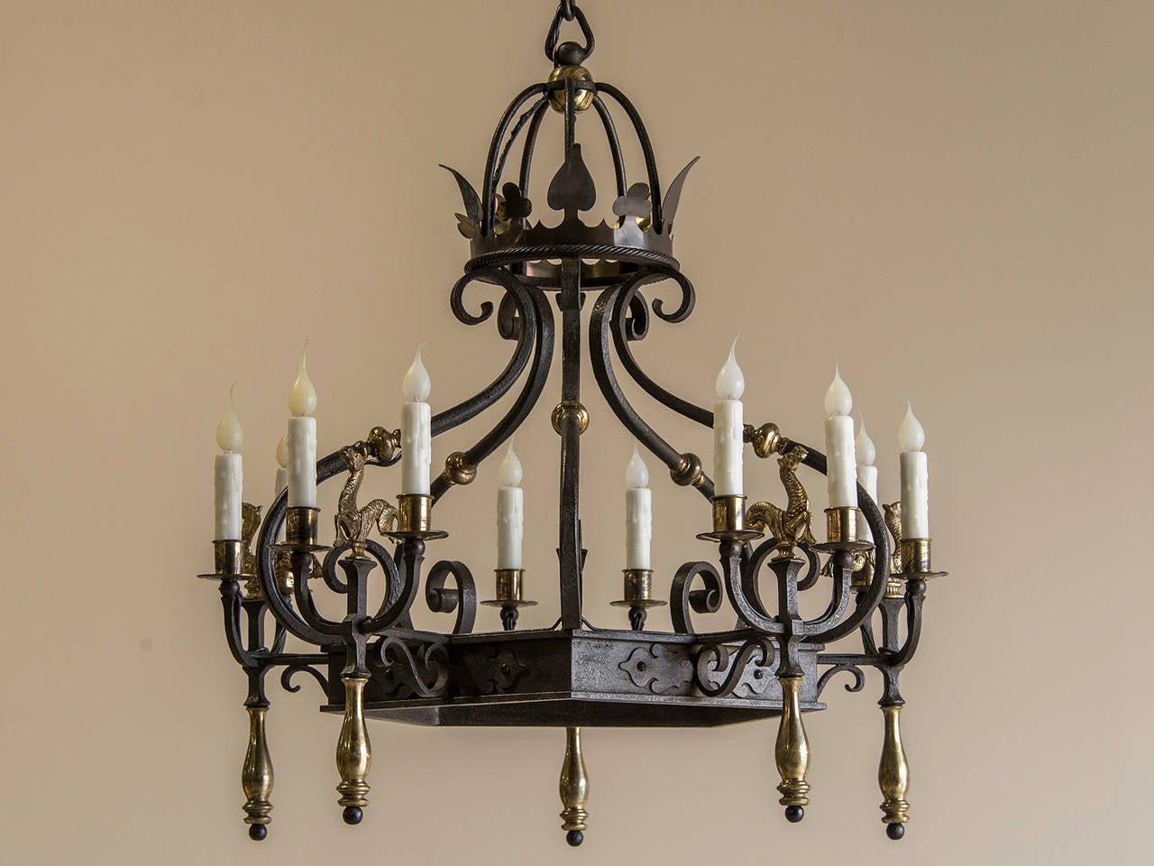 French Regence Style Iron and Brass Ten Light Chandelier, France circa 1920