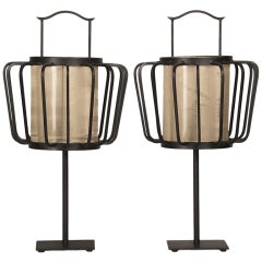 Japanese Style Iron Lanterns Wired as Lamps Found In France
