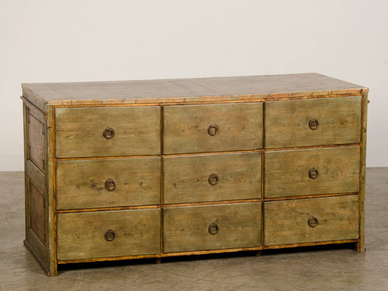 Receive our new selections direct from 1stdibs by email each week. Please click Follow Dealer below and see them first!

A very unusual antique French Louis XVI style painted chest of drawers kitchen island circa 1890 having the front and sides