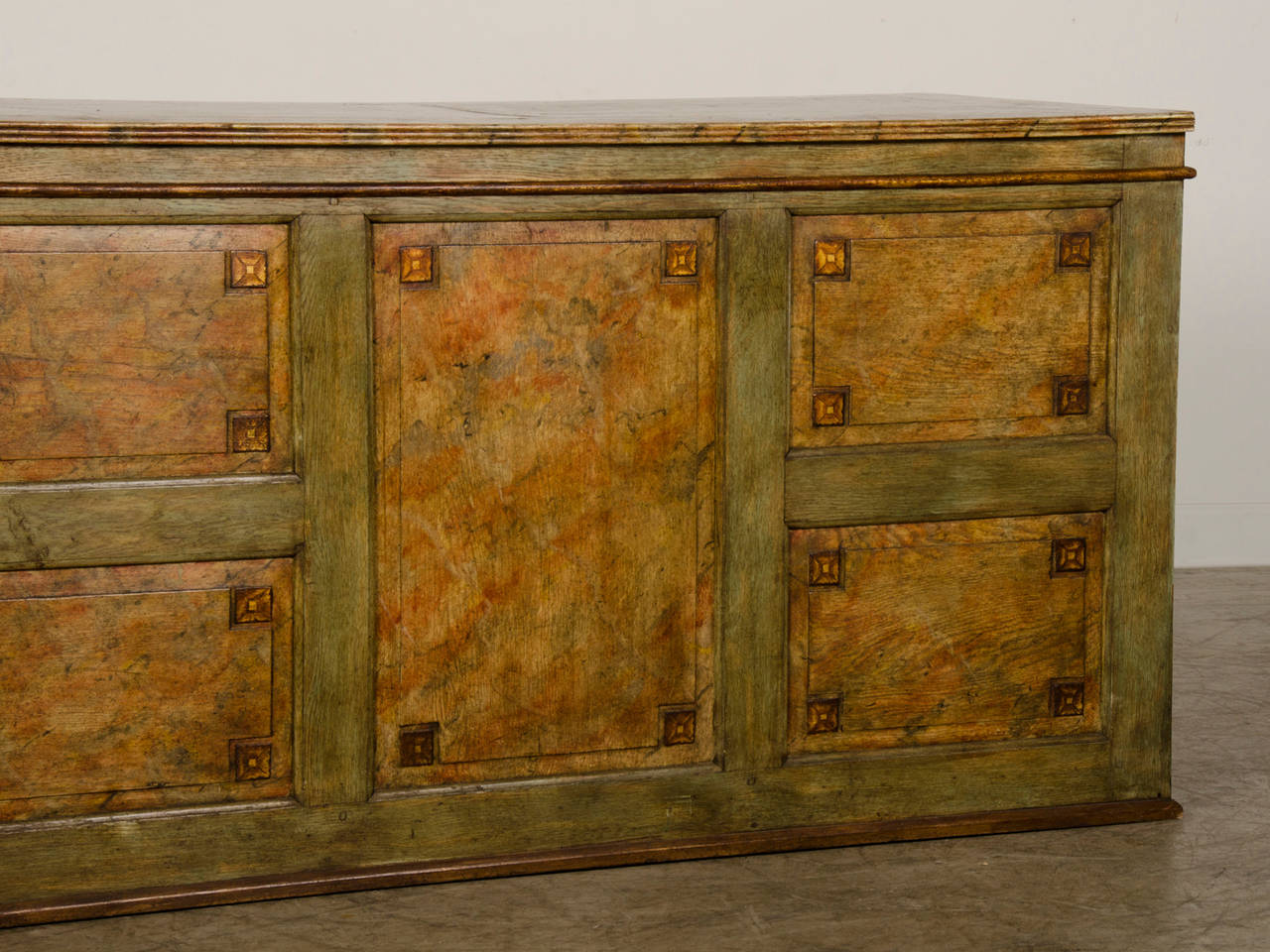 Antique French Painted Nine Drawer Louis XVI Style Chest, Architectural Detailin 2