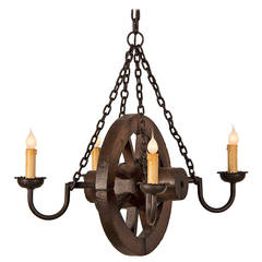 Solid Wooden Wheel Crafted by Hand Chandelier, France circa 1890
