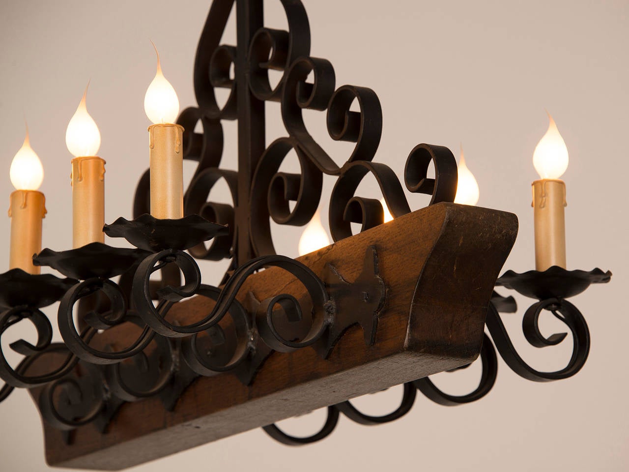 Decorative Chandelier with a Wooden Beam and Iron Candle Arms, France circa 1950 For Sale 2
