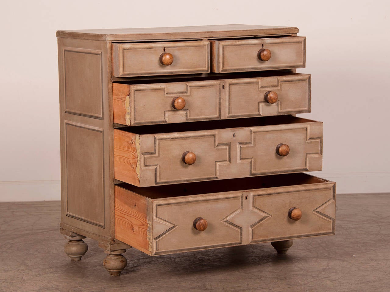 Five Drawer Pine Chest, England circa1865, Painted Geometric Pattern 3
