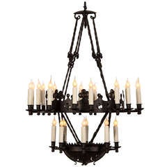 Two Tier Hand Forged Iron Chandelier, Twenty Four Lights, France C.1900