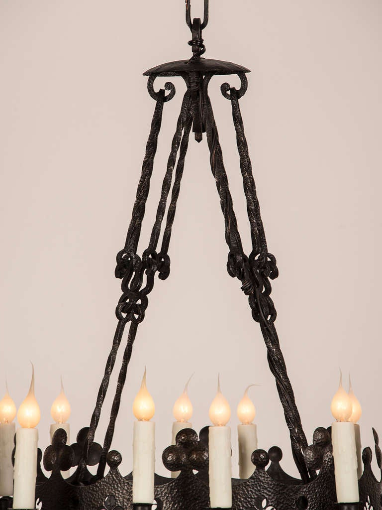 Gothic Revival Two Tier Hand Forged Iron Chandelier, Twenty Four Lights, France C.1900