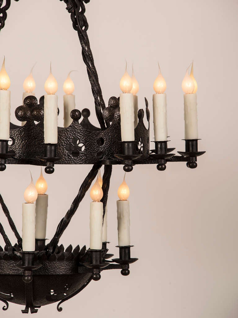 French Two Tier Hand Forged Iron Chandelier, Twenty Four Lights, France C.1900