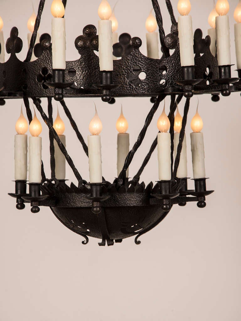 Two Tier Hand Forged Iron Chandelier, Twenty Four Lights, France C.1900 In Excellent Condition In Houston, TX