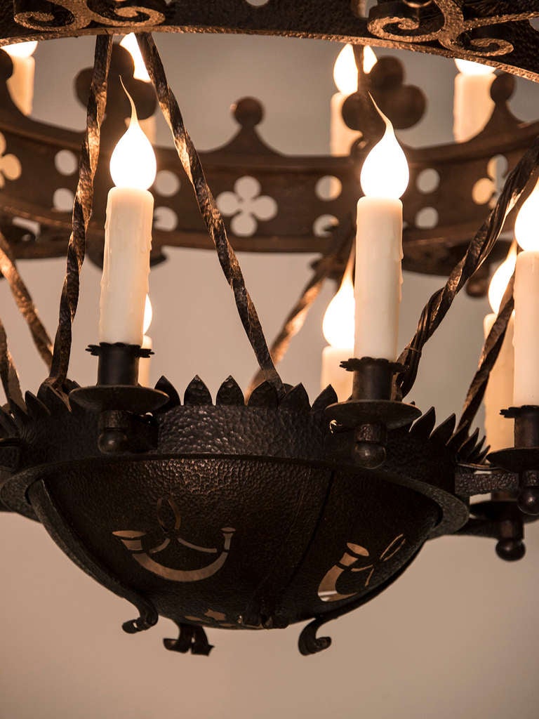 20th Century Two Tier Hand Forged Iron Chandelier, Twenty Four Lights, France C.1900