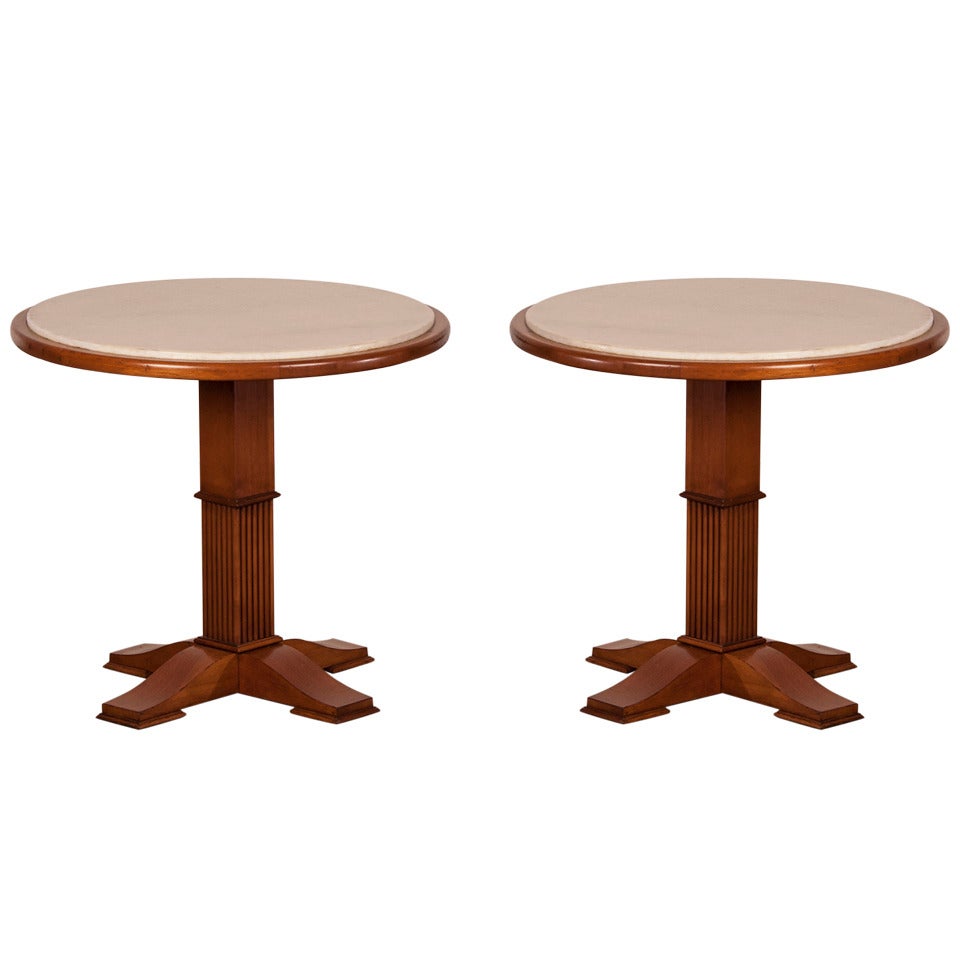 Pair of Mid-century Modern Sycamore Wood Marble Top Tables, France circa 1950