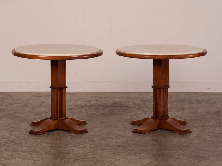 Mid-Century Modern Pair of Mid-century Modern Sycamore Wood Marble Top Tables, France circa 1950