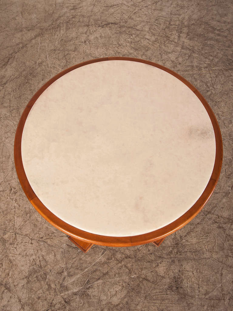 Mid-20th Century Pair of Mid-century Modern Sycamore Wood Marble Top Tables, France circa 1950